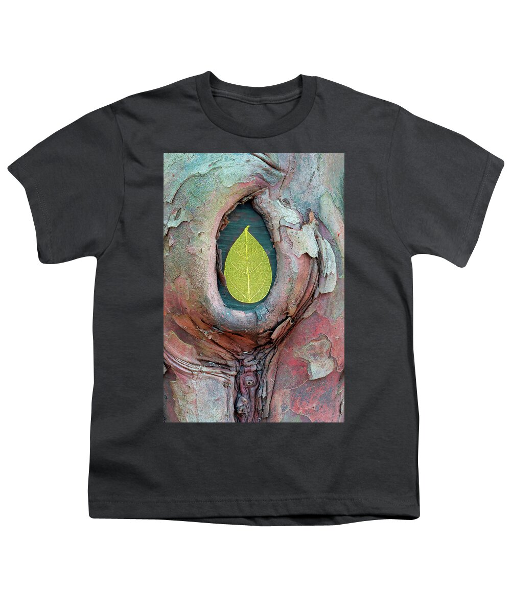 Skeleton Leaf Youth T-Shirt featuring the photograph Skeleton Leaf In Tree Bark by Gary Slawsky
