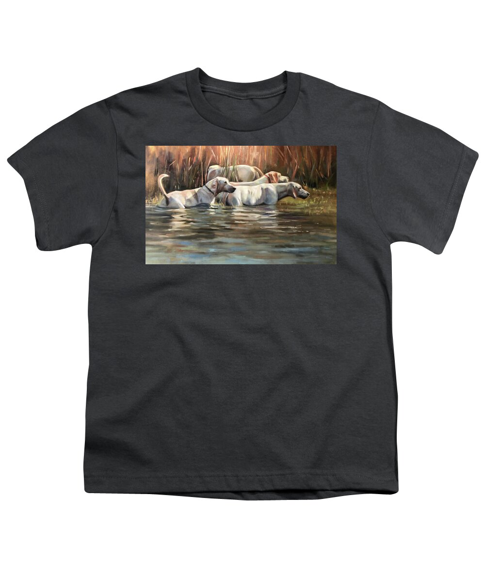 Hounds Dogs Painting Portrait Foxhounds Water Contemporary Youth T-Shirt featuring the painting Skinny Dipping by Susan Bradbury