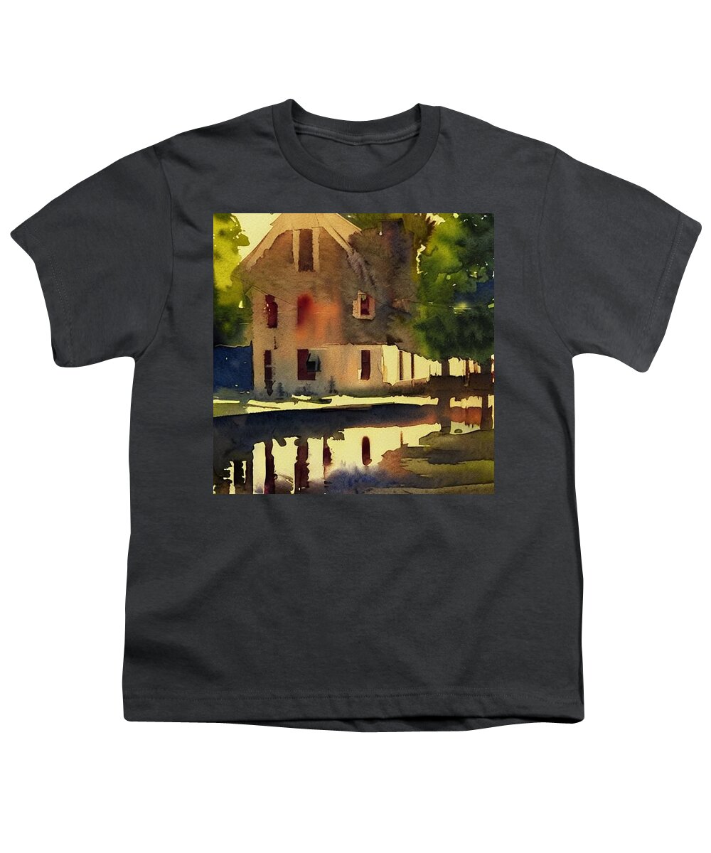 Waterloo Village Youth T-Shirt featuring the painting Smith's Store Rear on the Morris Canal at Waterloo Village, Golden Hour by Christopher Lotito