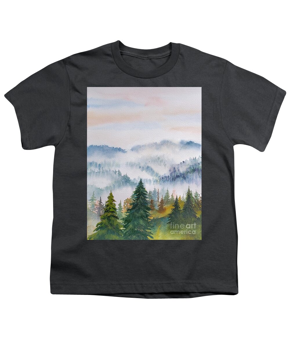 Trees Youth T-Shirt featuring the painting Smoke in the Mountains 1 by Lisa Debaets