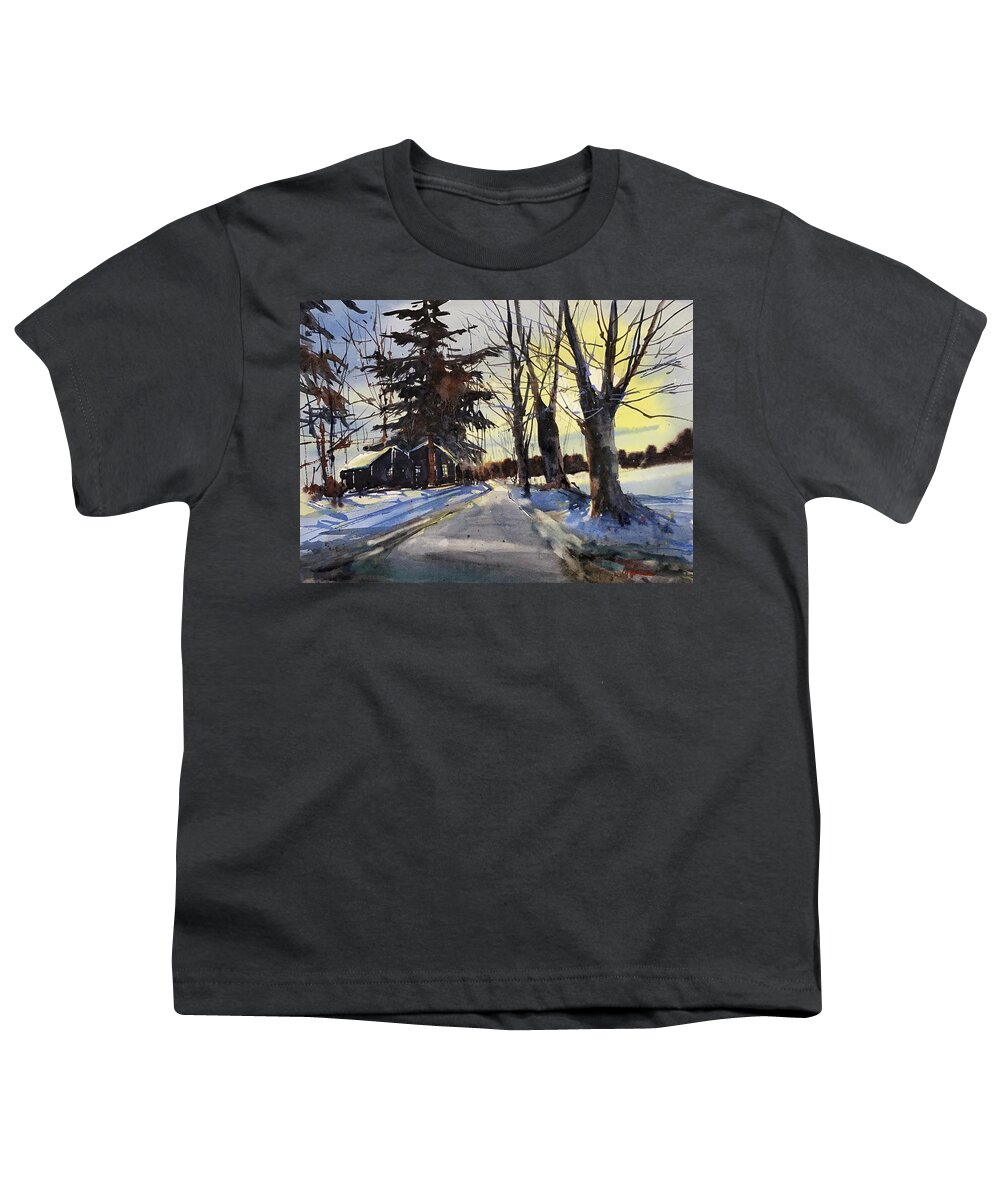 Landscape Youth T-Shirt featuring the painting Snow Glow on Thomas Road by Judith Levins