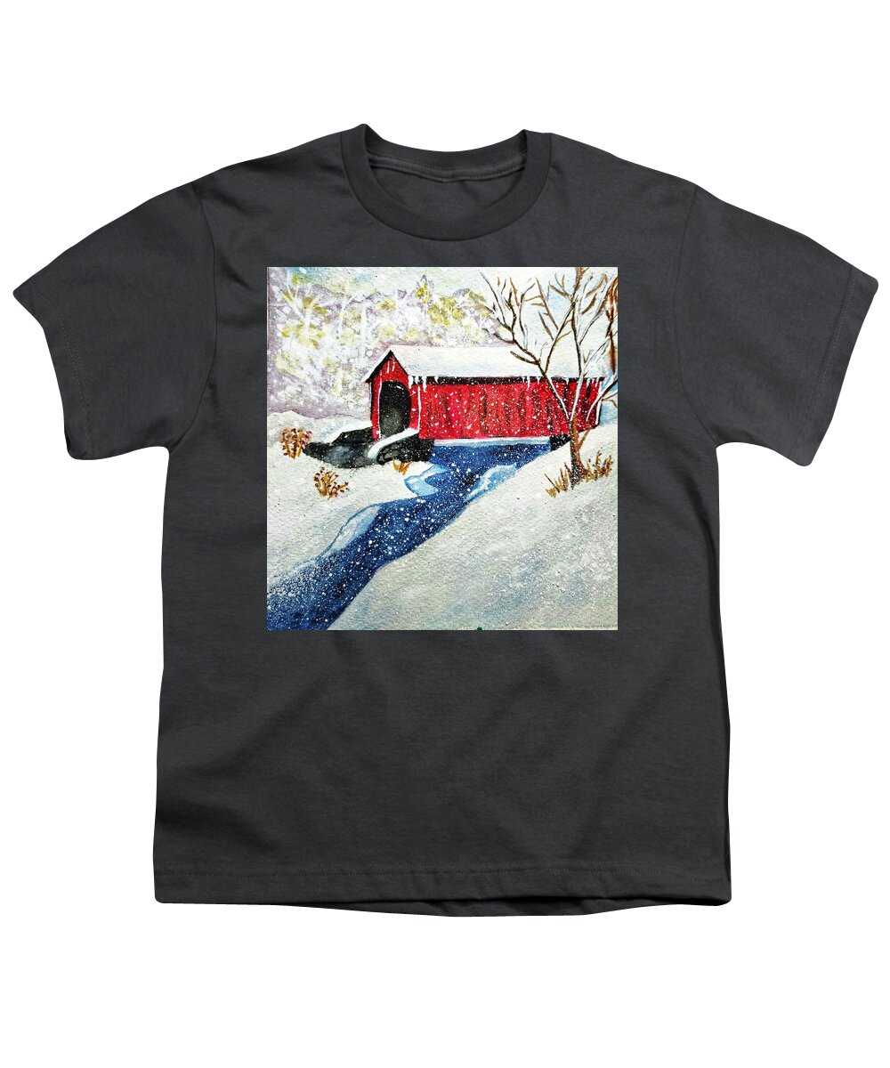 Snowy Youth T-Shirt featuring the painting Snowy Covered Bridge by Shady Lane Studios-Karen Howard