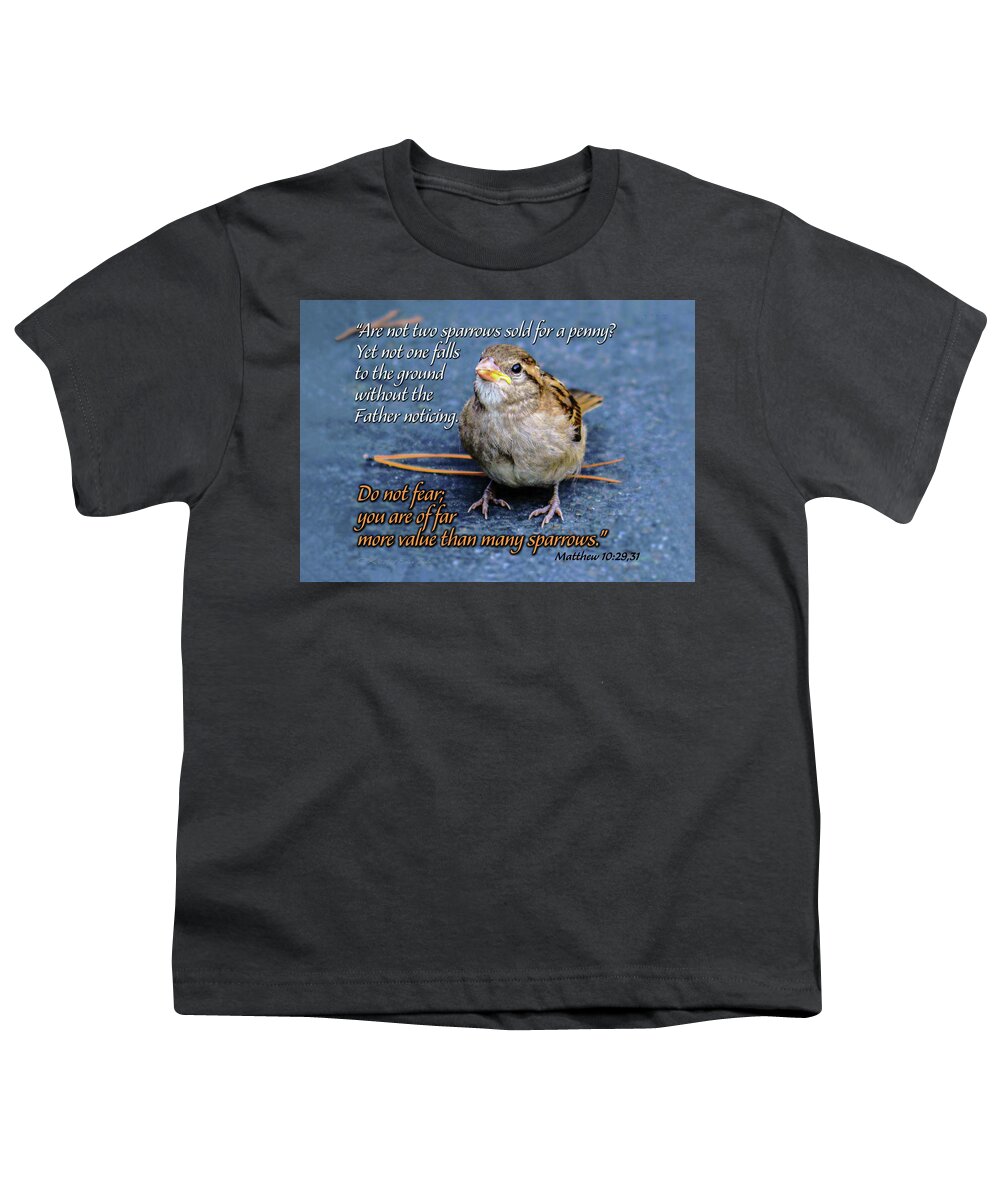  Youth T-Shirt featuring the mixed media Sparrow Scripture Matthew 10 by Brian Tada