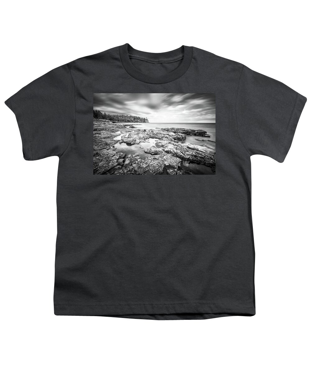 Split Rock Lighthouse Youth T-Shirt featuring the photograph Split Rock Black and White Silk by Sebastian Musial