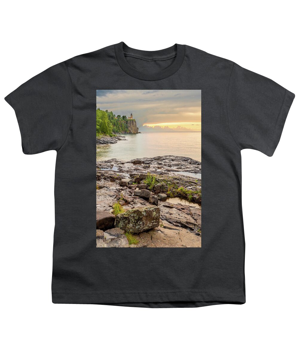 Split Rock Lighthouse Youth T-Shirt featuring the photograph Split Rock Lighthouse Cloudy Summer Morning by Sebastian Musial