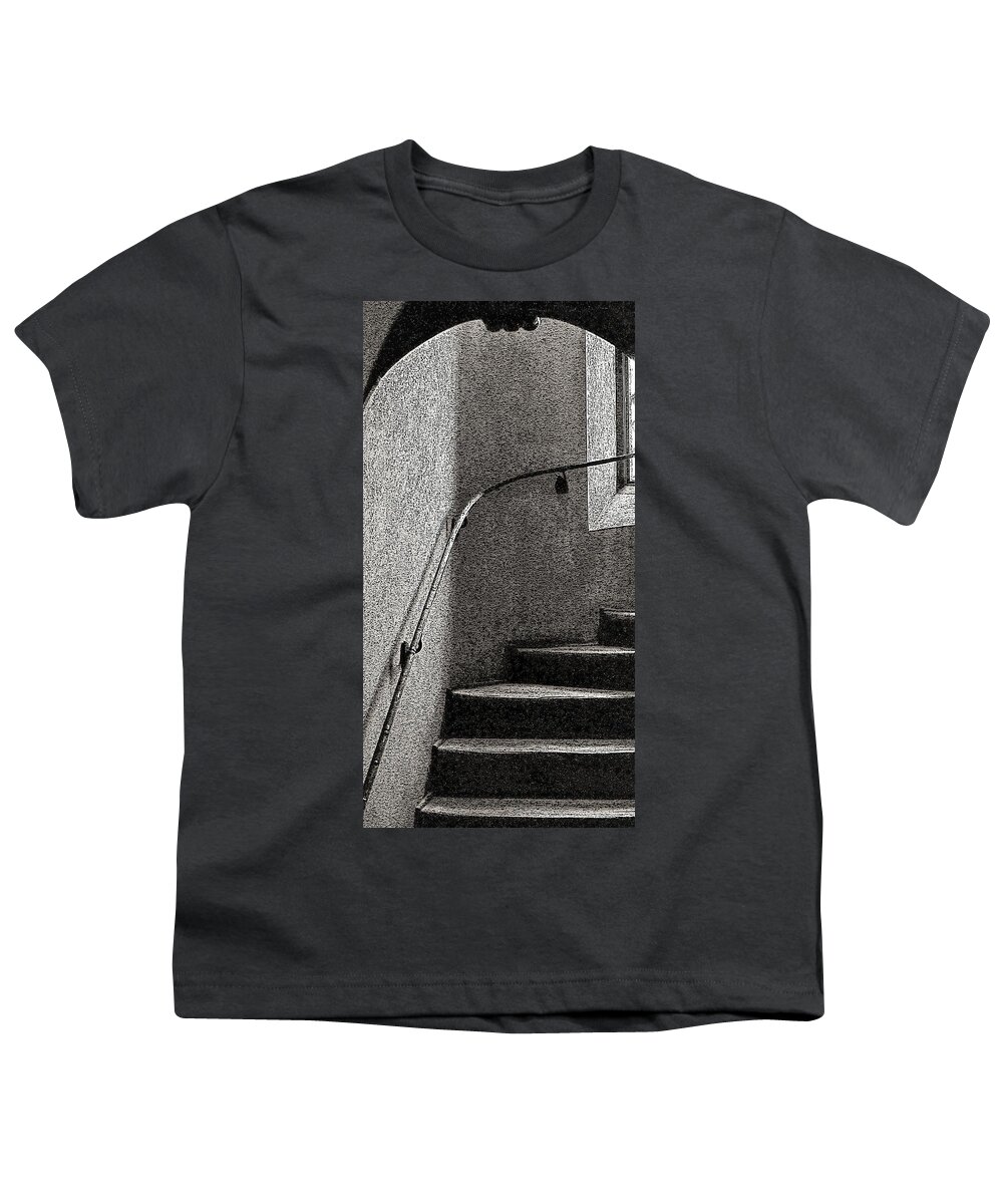 Stairs Indoor Window B&w Youth T-Shirt featuring the photograph Stairs Indoors2 by John Linnemeyer