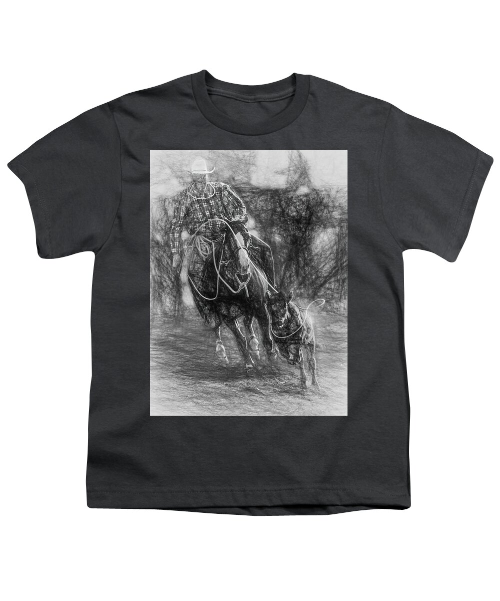 2010 Youth T-Shirt featuring the digital art Steer Roping - 1 Sketch by Bruce Bonnett