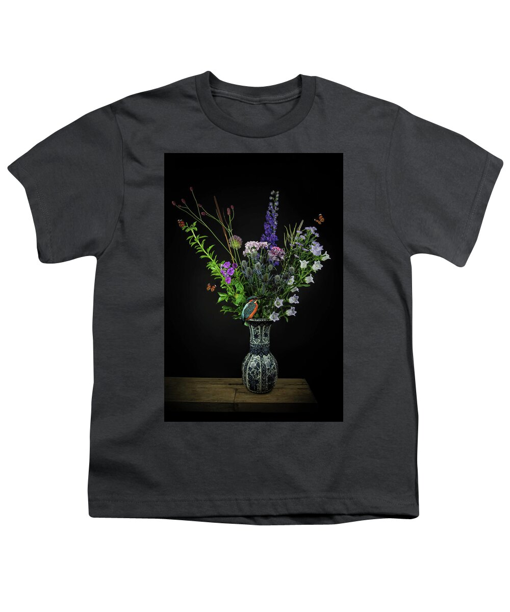 Still Life Youth T-Shirt featuring the digital art Still life Bouquet of flowers Kingfisher with butterflies by Marjolein Van Middelkoop