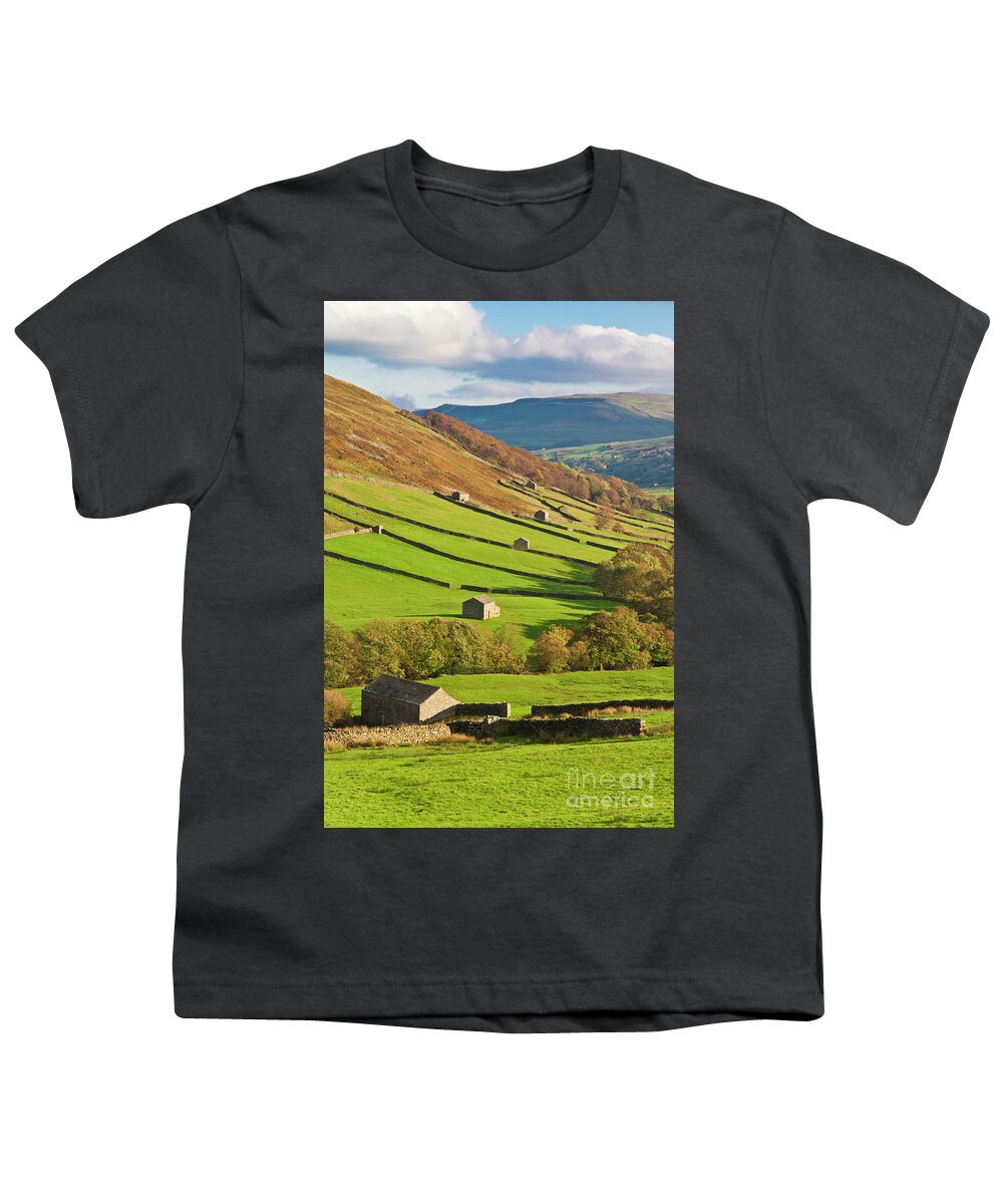 Yorkshire Dales National Park Youth T-Shirt featuring the photograph Stone barns in Swaledale, Yorkshire Dales, England by Neale And Judith Clark