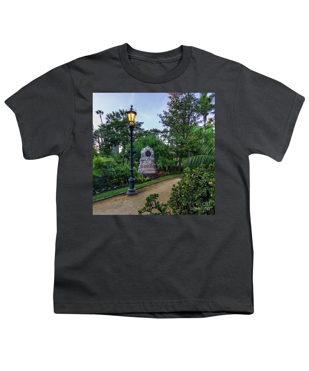 Foliage Youth T-Shirt featuring the photograph Streetlamp at Genovese Park Cadiz Andalusia by Pablo Avanzini