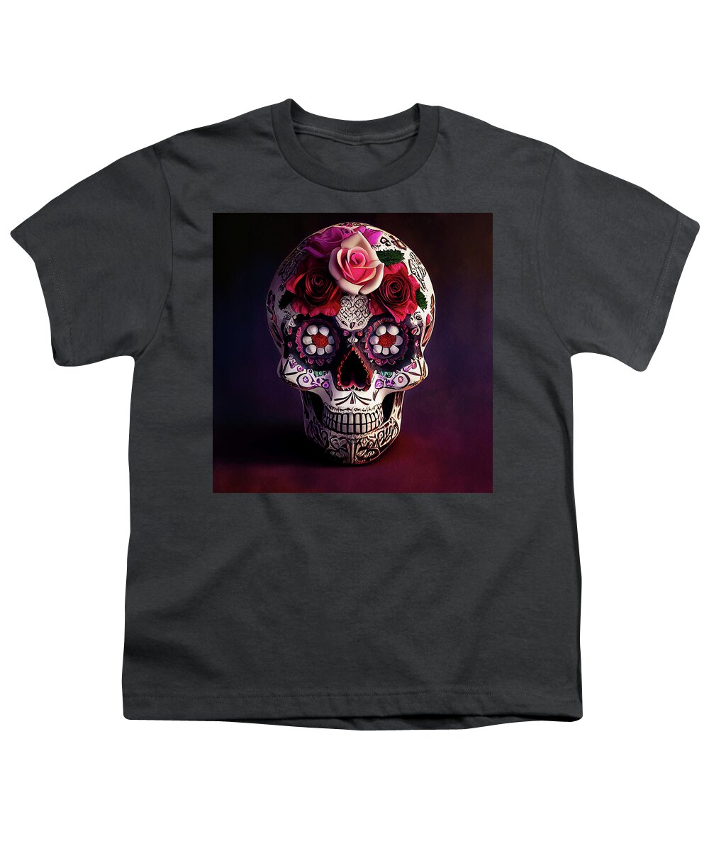 Sugar Skulls Youth T-Shirt featuring the digital art Sugar Skull - Day of the Dead by Peggy Collins