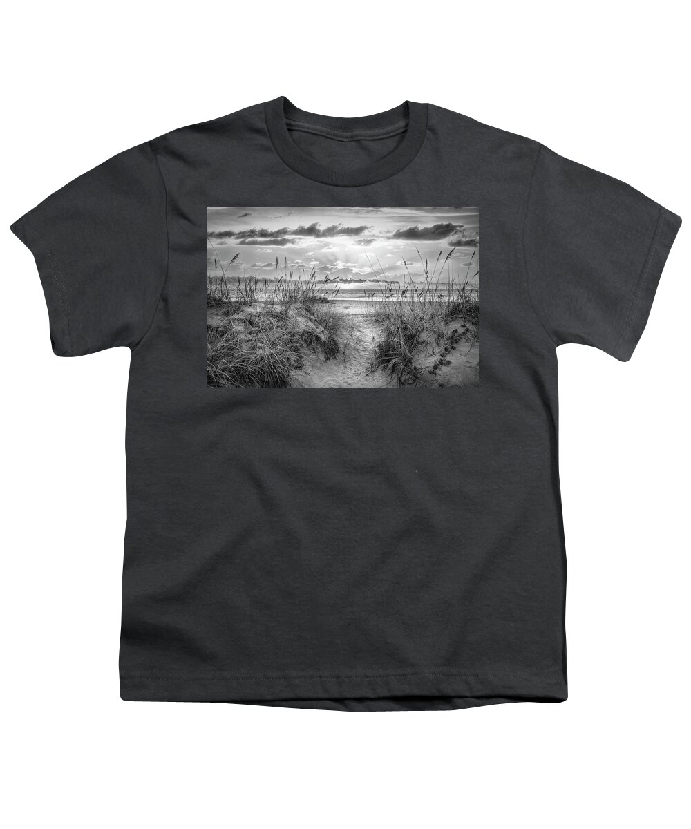 Clouds Youth T-Shirt featuring the photograph Sunrays over the Ocean at Dawn Black and White by Debra and Dave Vanderlaan