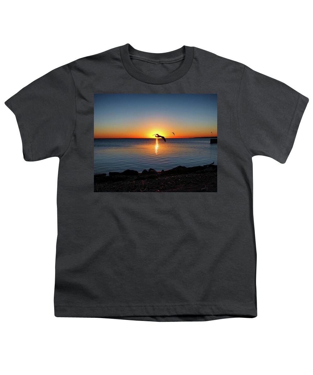 Sunrise Youth T-Shirt featuring the photograph Sunrise Seagull Silhouette by Bill Swartwout