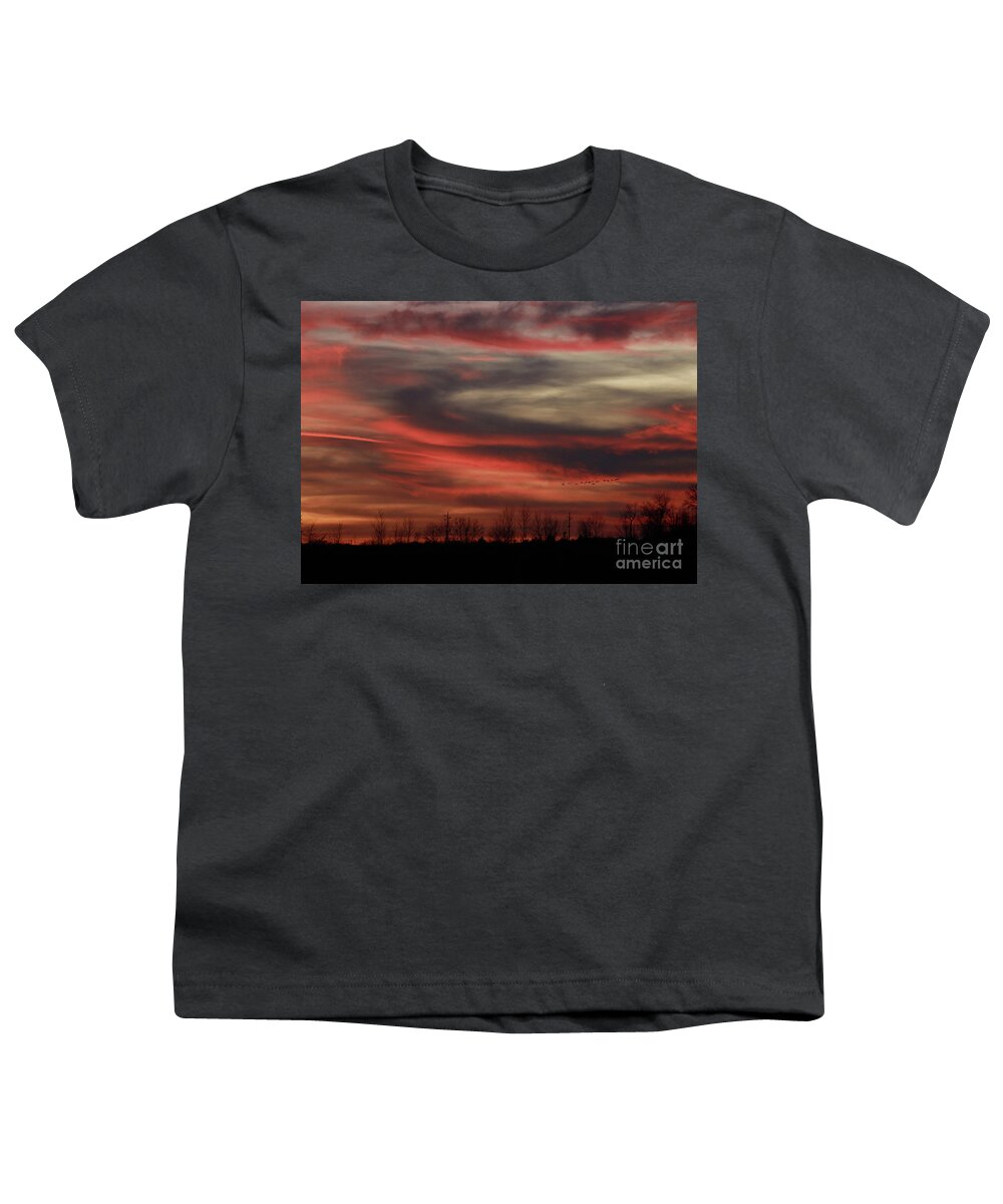 Geese Youth T-Shirt featuring the photograph Sunset with Geese by Paula Guttilla