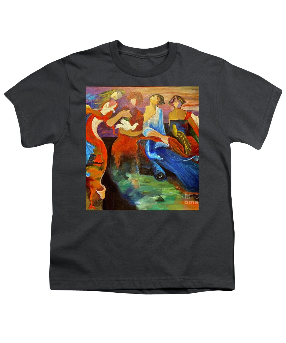 Sisters Soul Symphony Whispy Joyful Music Women Youth T-Shirt featuring the painting Symphony of Souls by Kathy Bee for Dotty Brooks