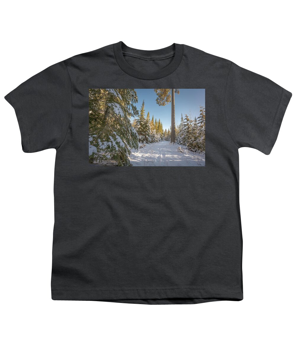 #winter #landscape #photograph #fine Art #door County #wisconsin #midwest #wall Décor #wall Art #hiking #walking #long Exposure #focus Stacking #hdr Photography #adventure #outside #environment #outdoor Lover #snow #ice #cold #snowshoeing # Cross Country Skiing   Youth T-Shirt featuring the photograph Tall Trail by David Heilman