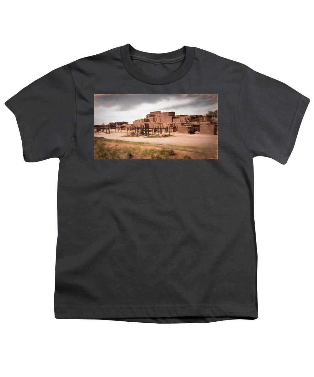 Taos Adobe Pueblo Youth T-Shirt featuring the digital art Taos Pueblo New Mexico by Rebecca Herranen