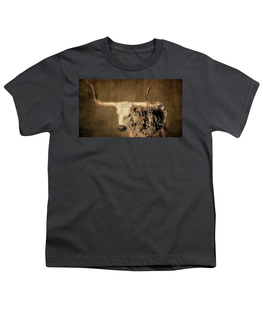 Cow Youth T-Shirt featuring the photograph Texas Longhorn sepia toned by Ann Powell