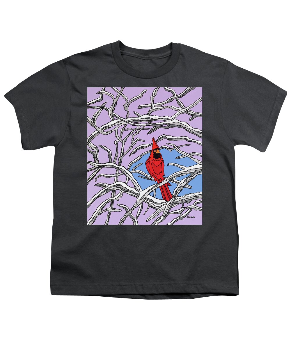 Cardinal Bird Perch Snow Winter Youth T-Shirt featuring the painting The Cardinal by Mike Stanko