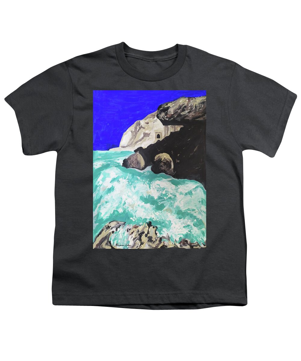 The Cliffs Of Rosh Hanikra Youth T-Shirt featuring the painting The Cliffs of Rosh Hanikra by Esther Newman-Cohen