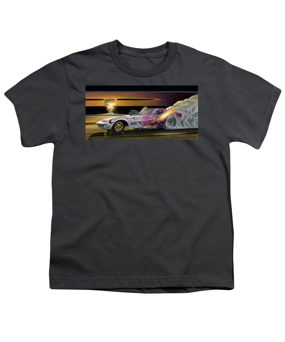 Nhra Funny Car Hell Fire Nitro Top Fuel Dragster Kenny Youngblood Youth T-Shirt featuring the painting The Last Burnout by Kenny Youngblood