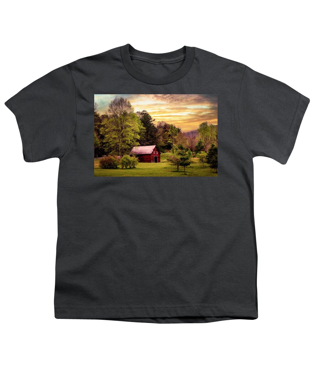 Barns Youth T-Shirt featuring the photograph The Red Barn at Sunset by Debra and Dave Vanderlaan