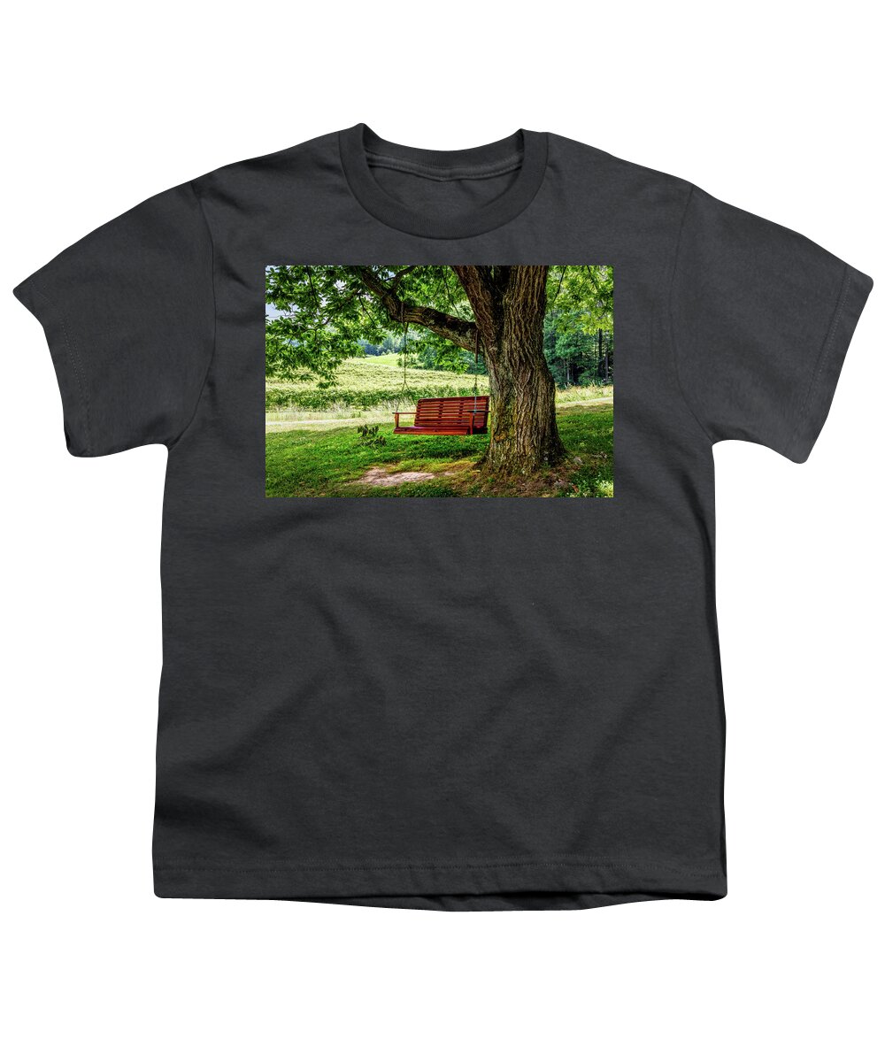 Swing Youth T-Shirt featuring the photograph The Red Swing at Cartecay by Debra and Dave Vanderlaan