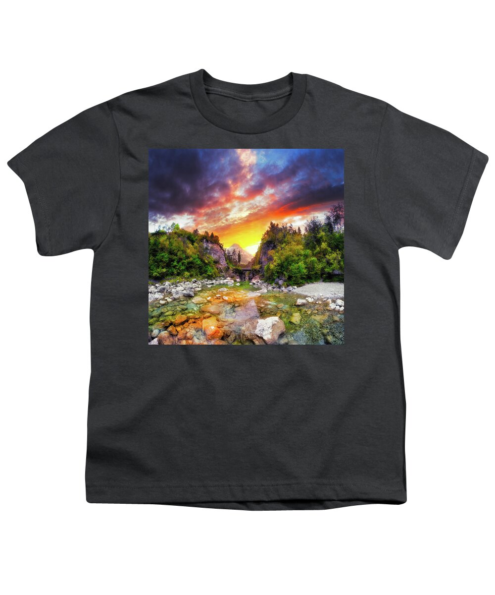 Bridge Youth T-Shirt featuring the photograph Tranquil Mountain Pass Sunset River by Eszra Tanner