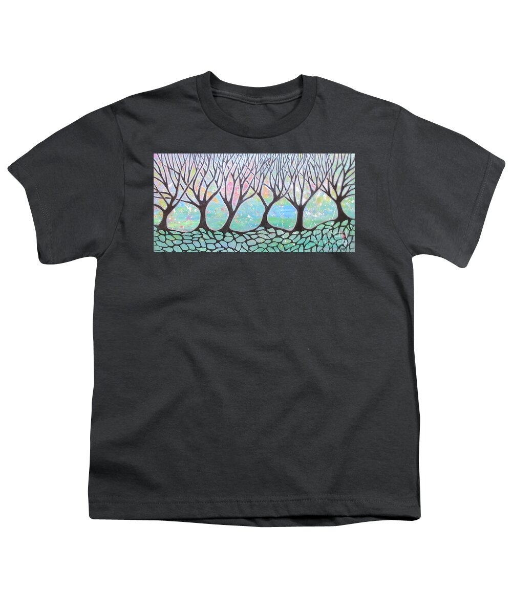 Tree Trees Abstract Landscape Green Lobby Mask Towel Decor Decrotive Woods Nature Pattern Youth T-Shirt featuring the painting Tree Stand by Bradley Boug