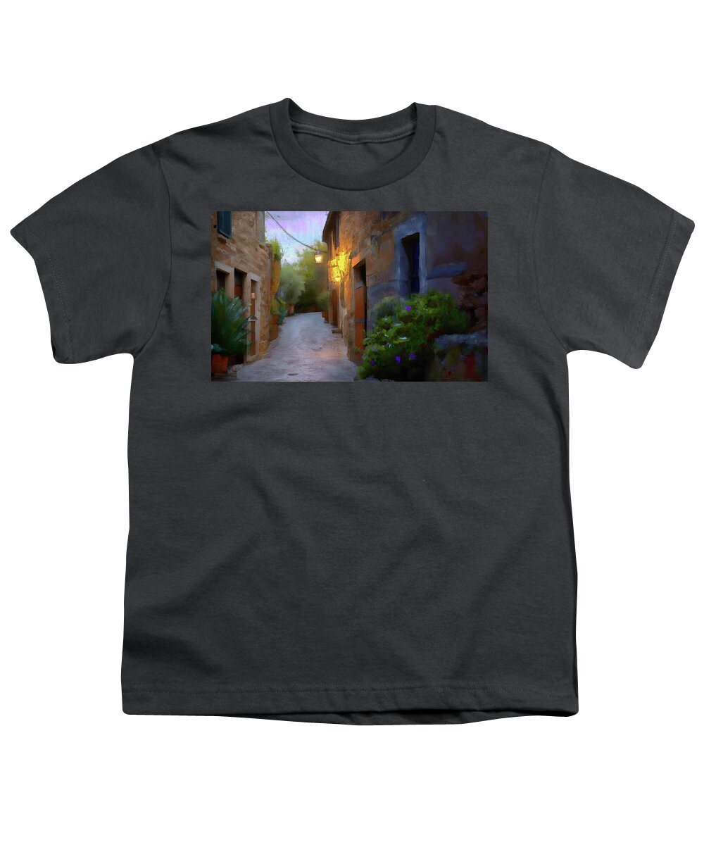 Tuscany Youth T-Shirt featuring the digital art Tuscan Alley at Dusk by Alison Frank