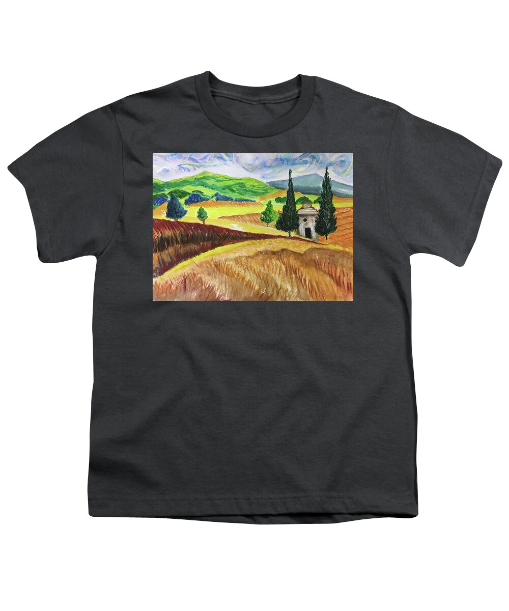 Watercolor Youth T-Shirt featuring the painting Tuscany Hills by Roxy Rich