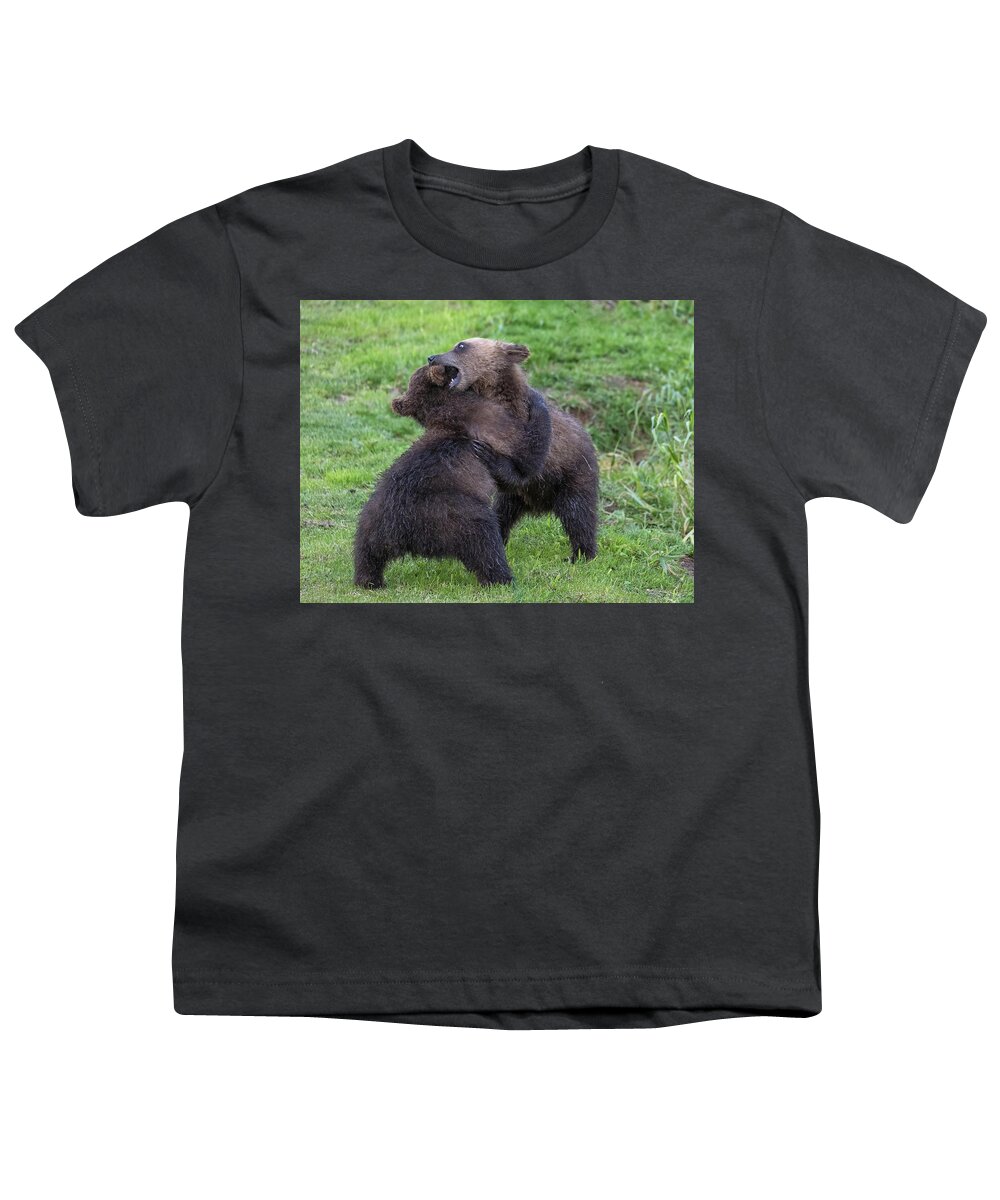 Bear Youth T-Shirt featuring the photograph Two brown bear cubs playing by Mikhail Kokhanchikov