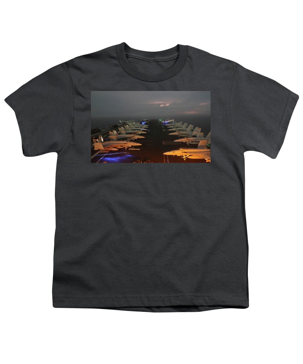 Vintage Youth T-Shirt featuring the painting USS Gerald R. Ford steams through a storm in the Atlantic Ocean, June 7, 2020 by MotionAge Designs