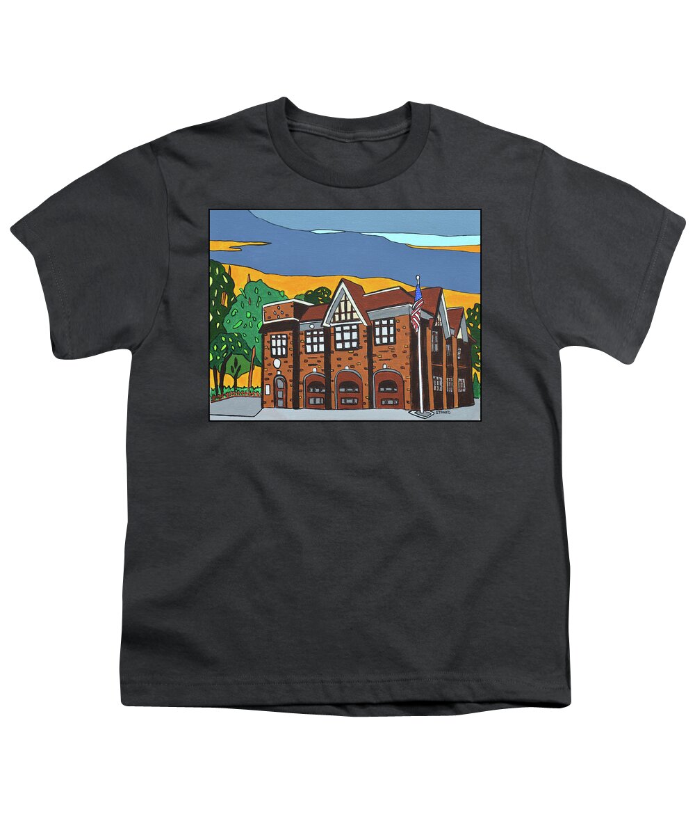Valley Stream Fire Department Rockaway Ave. Youth T-Shirt featuring the painting Valley Stream Fire House by Mike Stanko