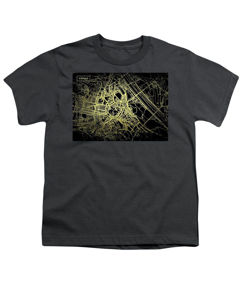 Map Youth T-Shirt featuring the digital art Vienna Map in Gold and Black by Sambel Pedes