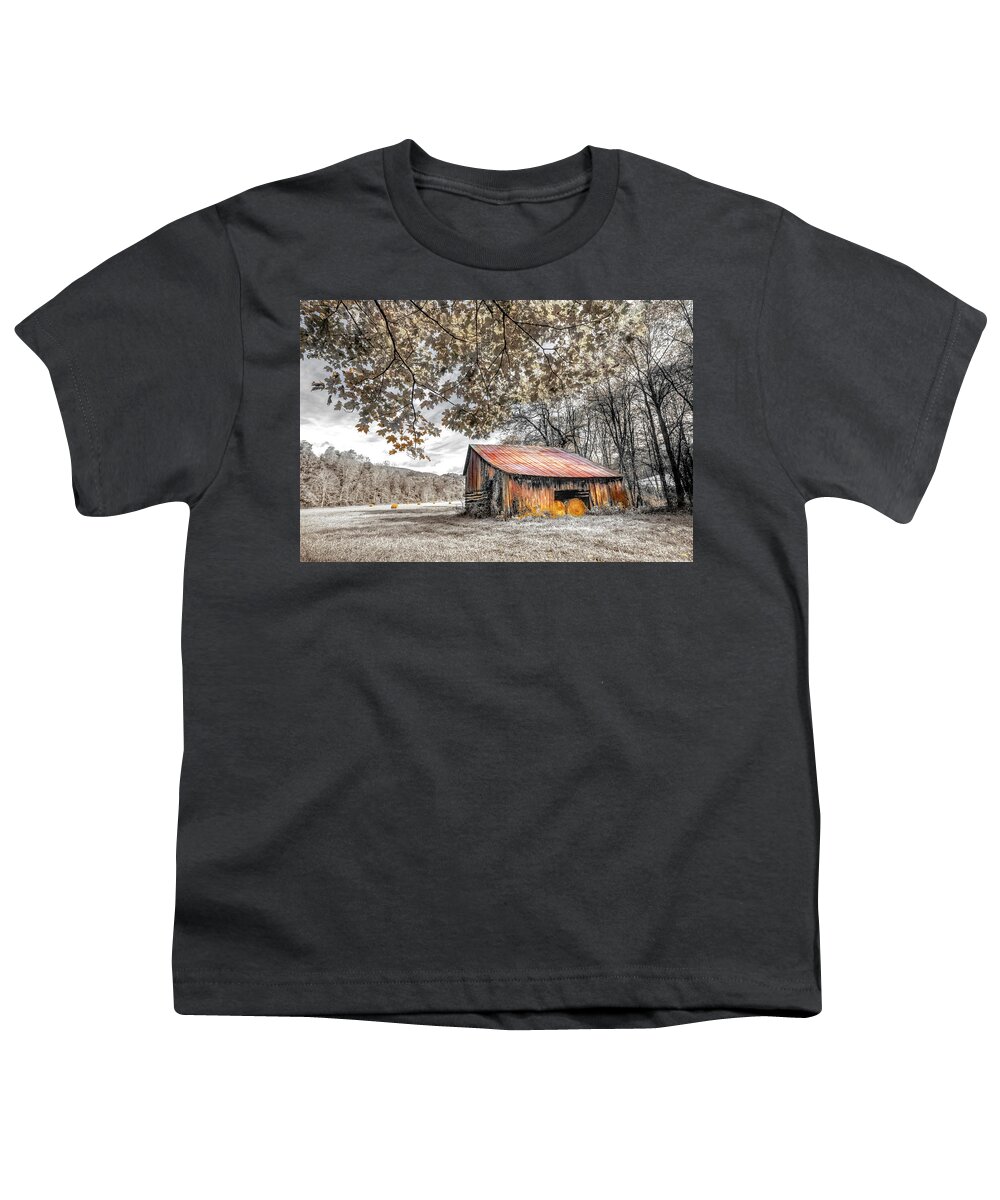 Barns Youth T-Shirt featuring the photograph Vintage Barn Black and White and Rusty Red Creeper Trail Damascu by Debra and Dave Vanderlaan
