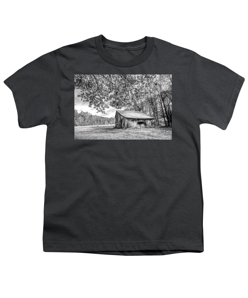 Barns Youth T-Shirt featuring the photograph Vintage Barn Black and White Creeper Trail Damascus Virginia by Debra and Dave Vanderlaan