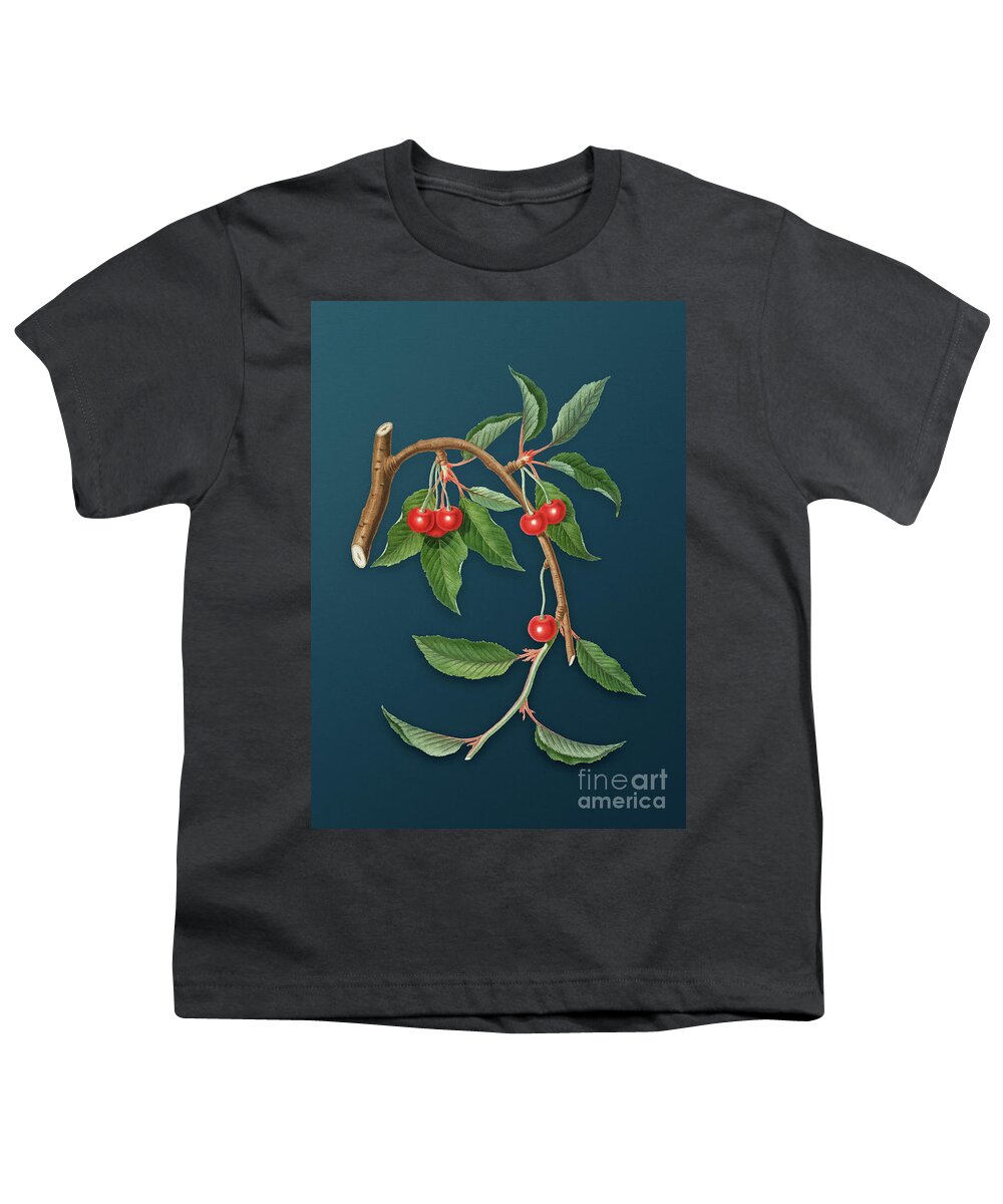 Vintage Youth T-Shirt featuring the painting Vintage Cherry Botanical Art on Teal Blue n.0157 by Holy Rock Design