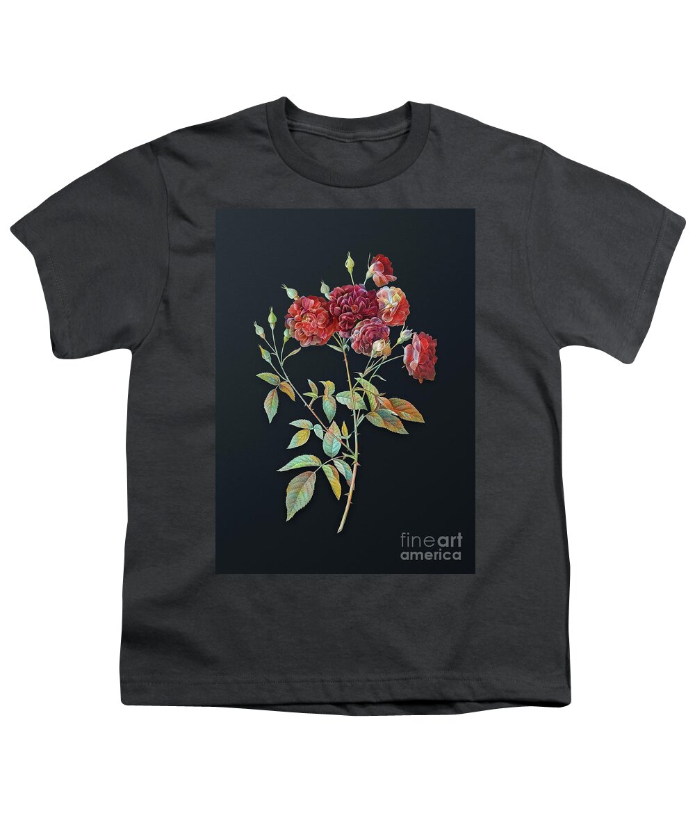 Vintage Youth T-Shirt featuring the mixed media Vintage Ternaux Rose Bloom Botanical Art on Dark Steel Gray n.0748 by Holy Rock Design