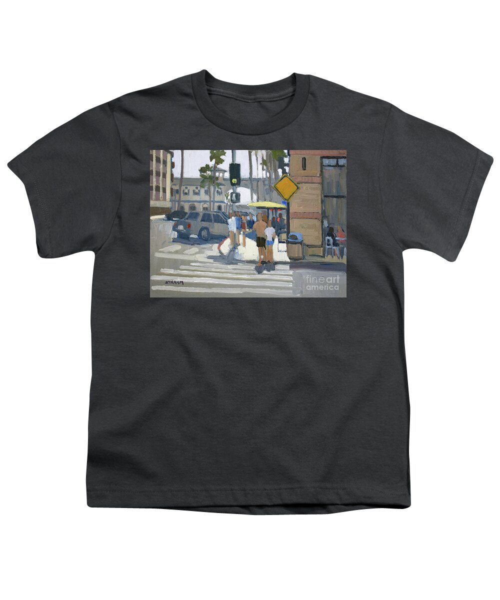 Crystal Pier Youth T-Shirt featuring the painting Walking to the Pier - Pacific Beach, San Diego, California by Paul Strahm