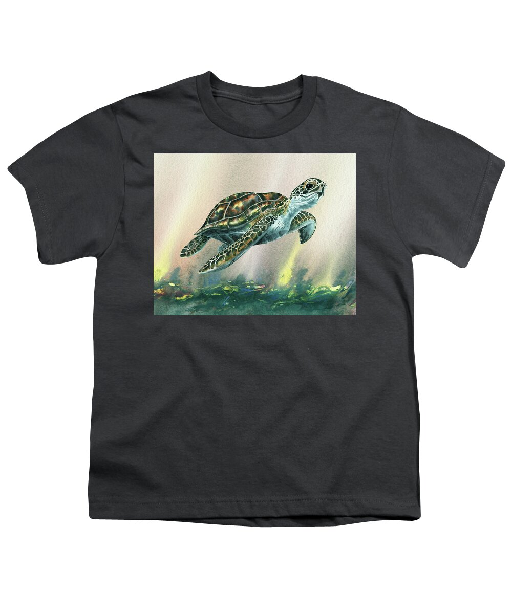 Blue Youth T-Shirt featuring the painting Watercolor Giant Sea Turtle by Irina Sztukowski