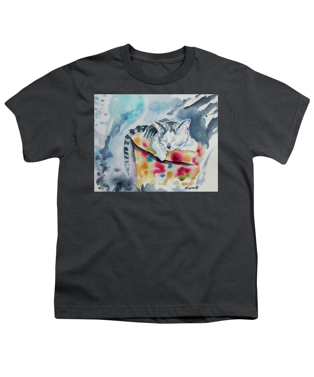 Kitten Youth T-Shirt featuring the painting Watercolor - Sleeping Kitten by Cascade Colors