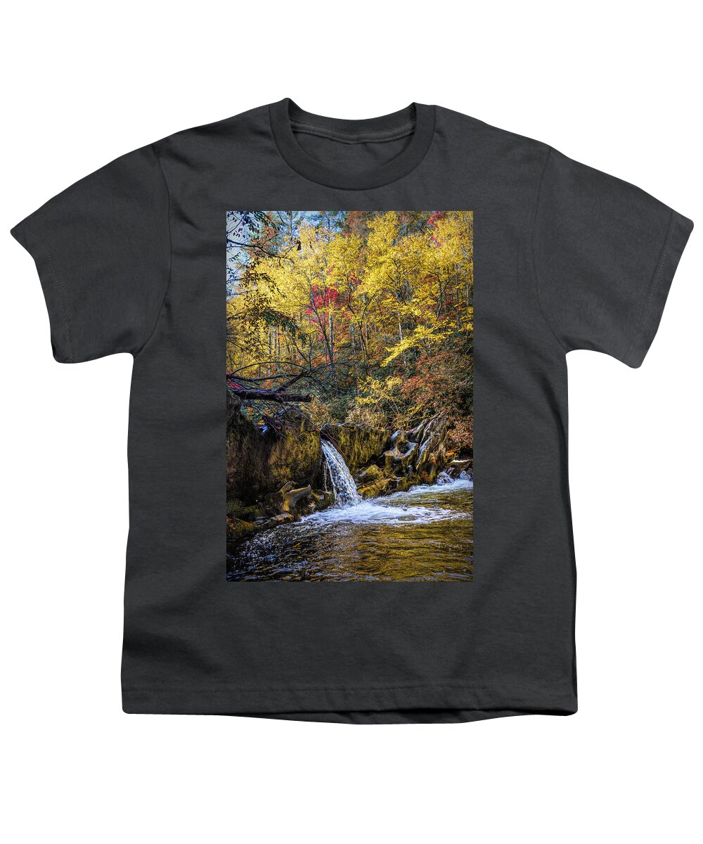 Carolina Youth T-Shirt featuring the photograph Waterfall in the Smoky Mountains Autumn Colors by Debra and Dave Vanderlaan
