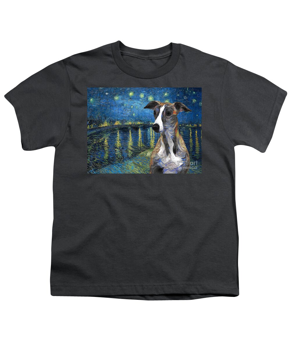 Whippet Youth T-Shirt featuring the painting Whippet Van Gogh Art Starry Night over the Rhone by Sandra Sij