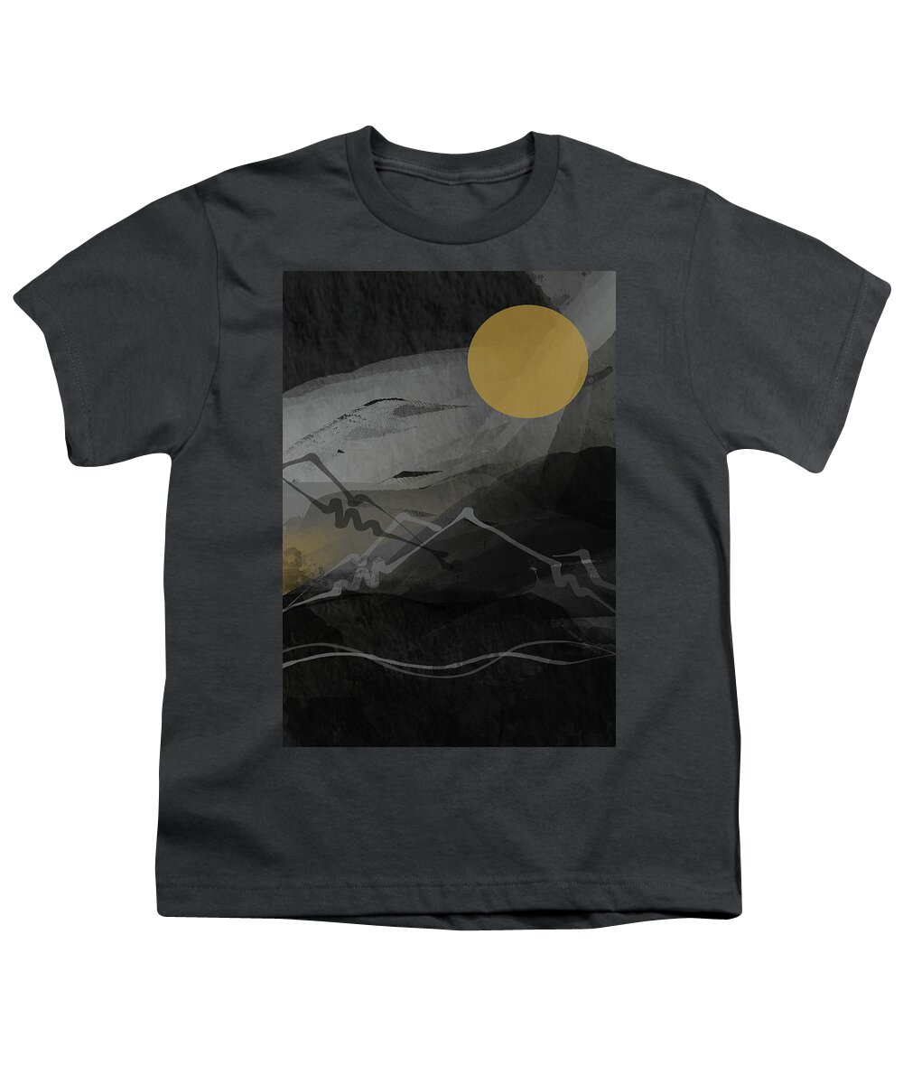 Black Modern Art Youth T-Shirt featuring the painting Whispering Mountains - Black Modern Minimalist Abstract Art by Lourry Legarde