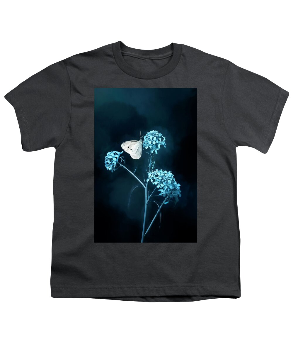 Flower Youth T-Shirt featuring the photograph White Butterfly on Blue Flower by Deborah Penland