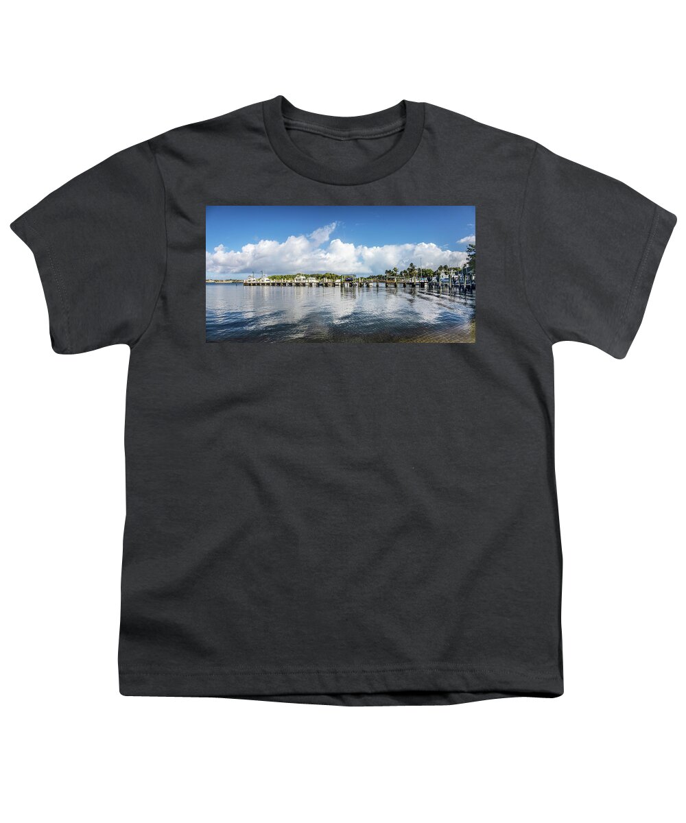 Boats Youth T-Shirt featuring the photograph White Clouds and Blue Sky over the Boynton Inlet Marina by Debra and Dave Vanderlaan