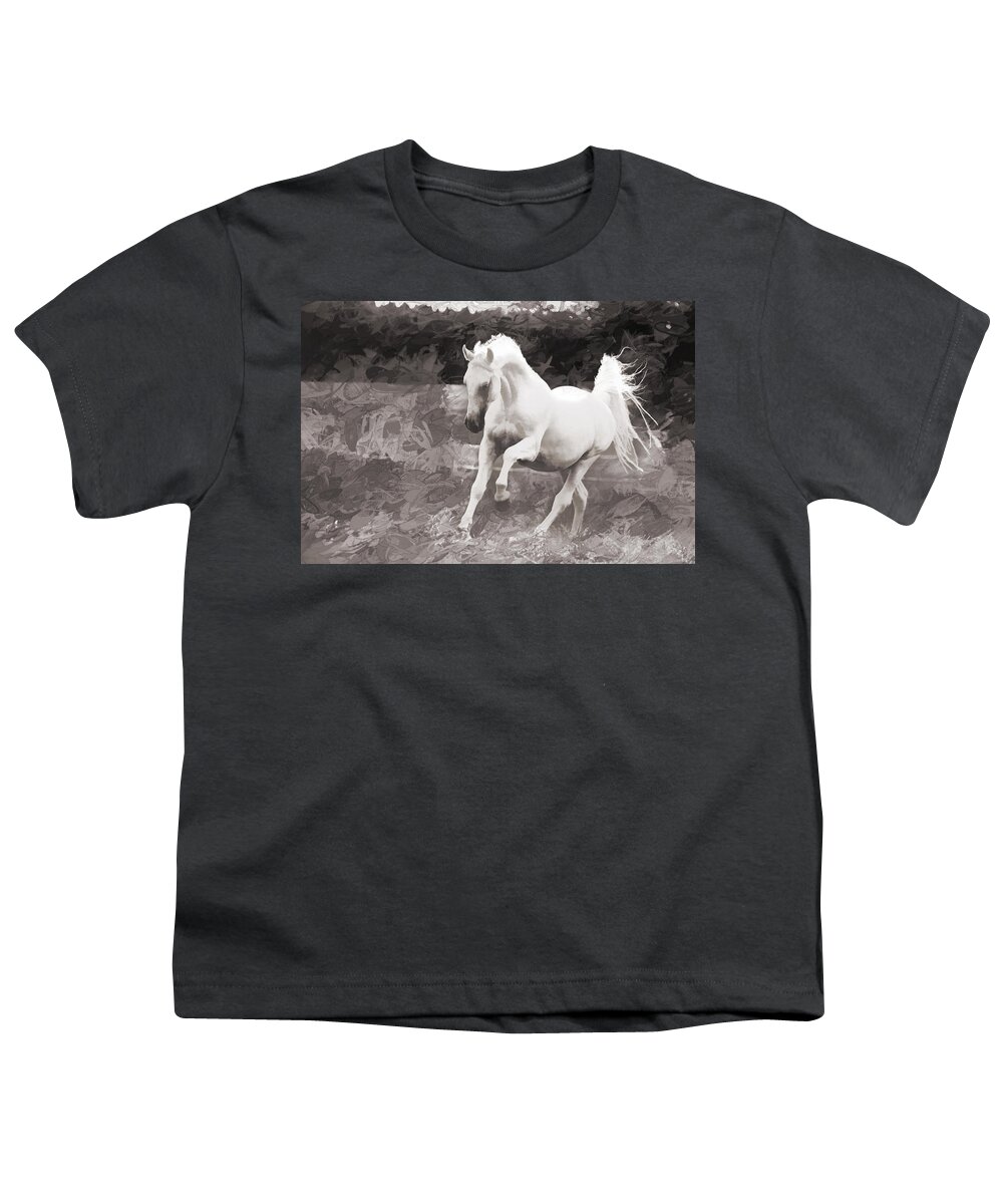 Horse Youth T-Shirt featuring the digital art White Horse Prancing by Steve Ladner