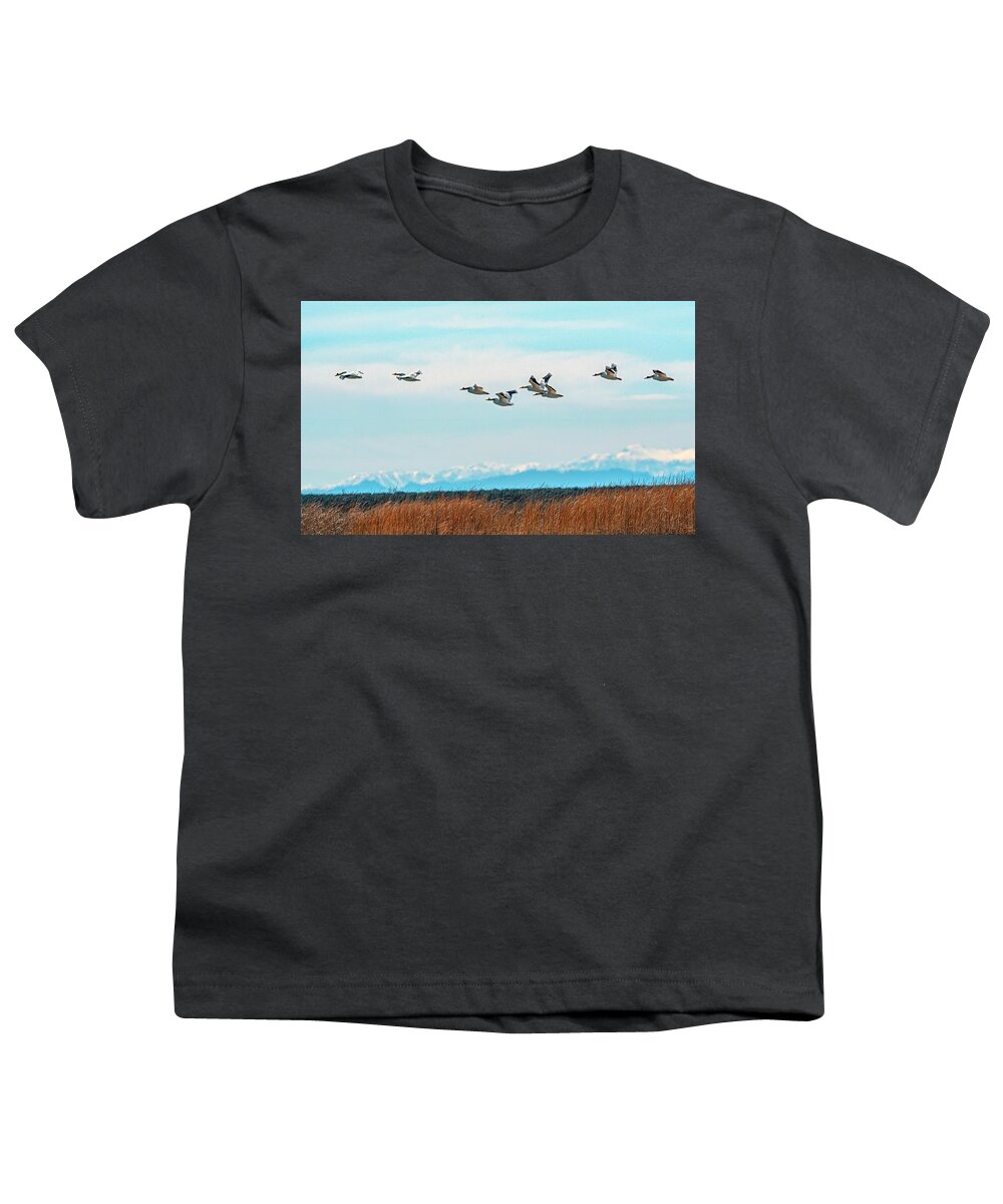 Pelican Youth T-Shirt featuring the photograph White Pelicans in flight by Rick Mosher