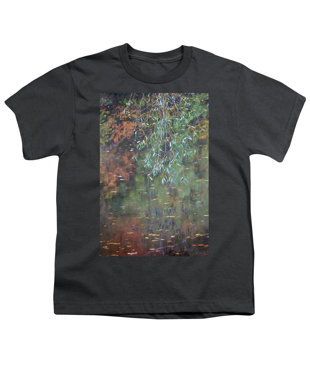 Willow Tree Youth T-Shirt featuring the photograph Willow leaves and reflections on a river in Autumn by Anita Nicholson